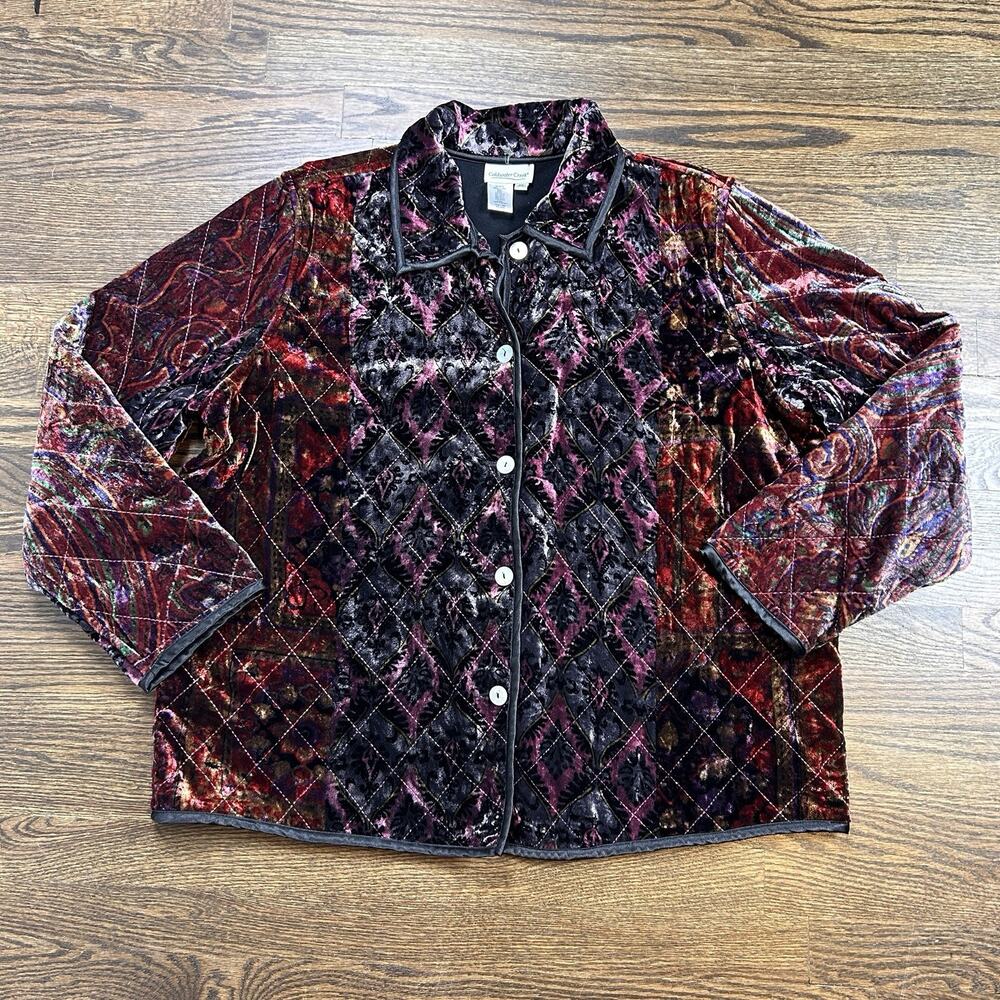 Coldwater Creek Jacket Women 2X Plus Red Black Plush Velvet Quilted Button Front